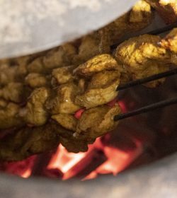 Close up of chicken skewers in tandoori oven